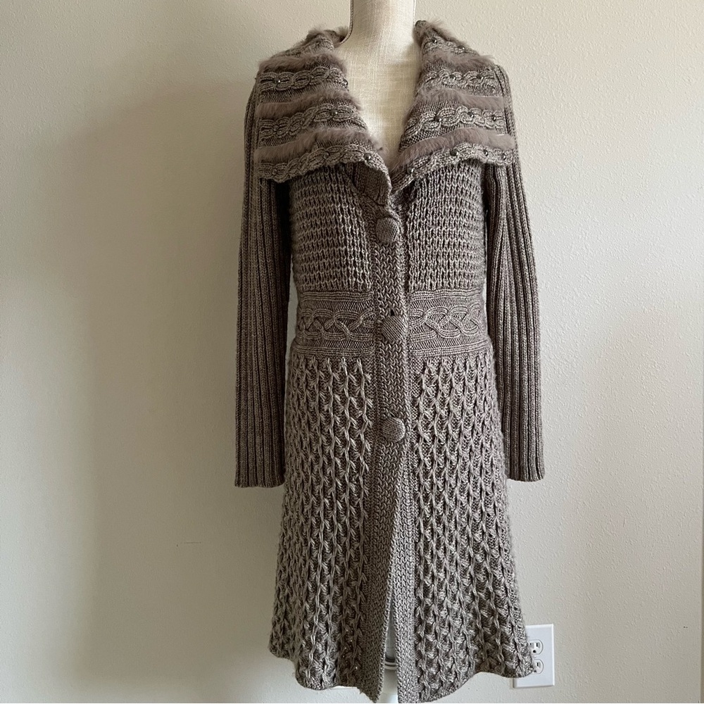 Sioni wool blend Taupe Knit Women's longline button up sweater Cardigan size M